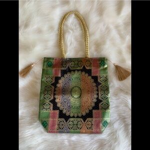 Hand Embroidered Gold Multicolored Tasseled Handbag